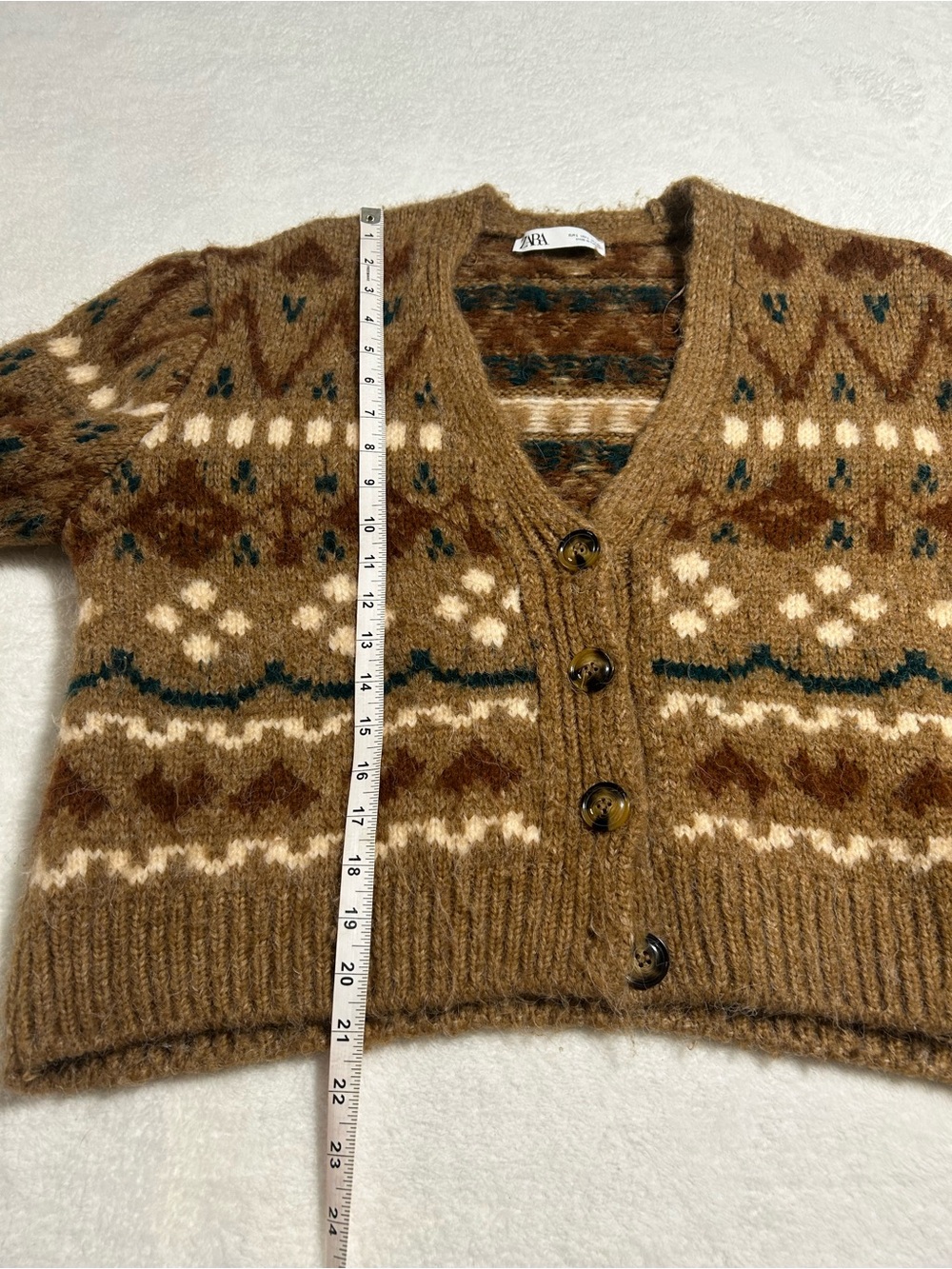 Zara Fair Isle Knit Cardigan Sweater Brown Cream Oversized Size Large - Picture 8 of 8